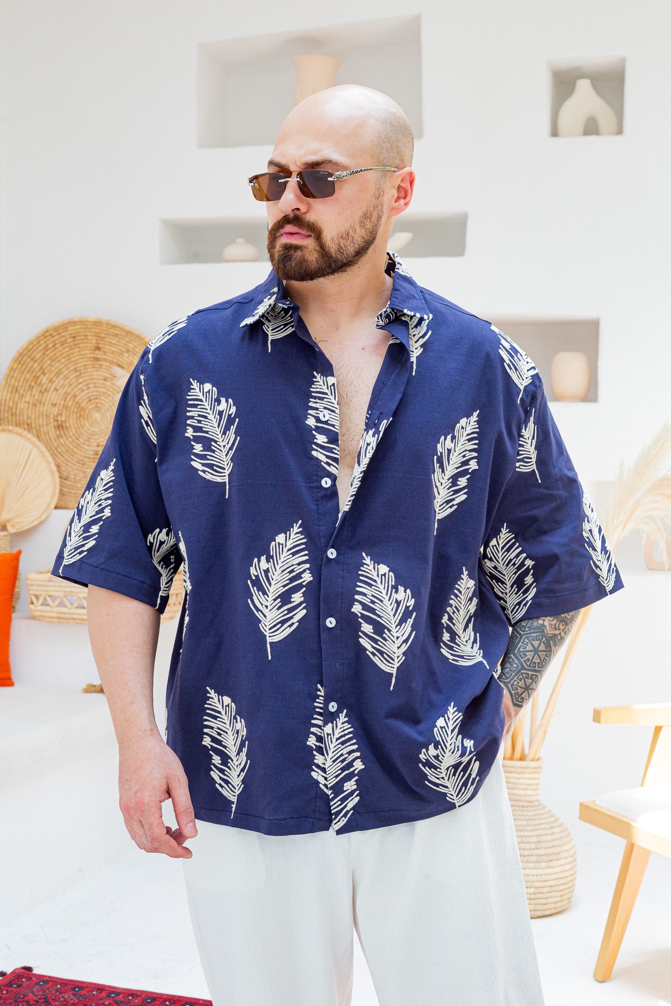 Yaprak Nakış Detaylı Keten Oversize Gömlek (GML130)