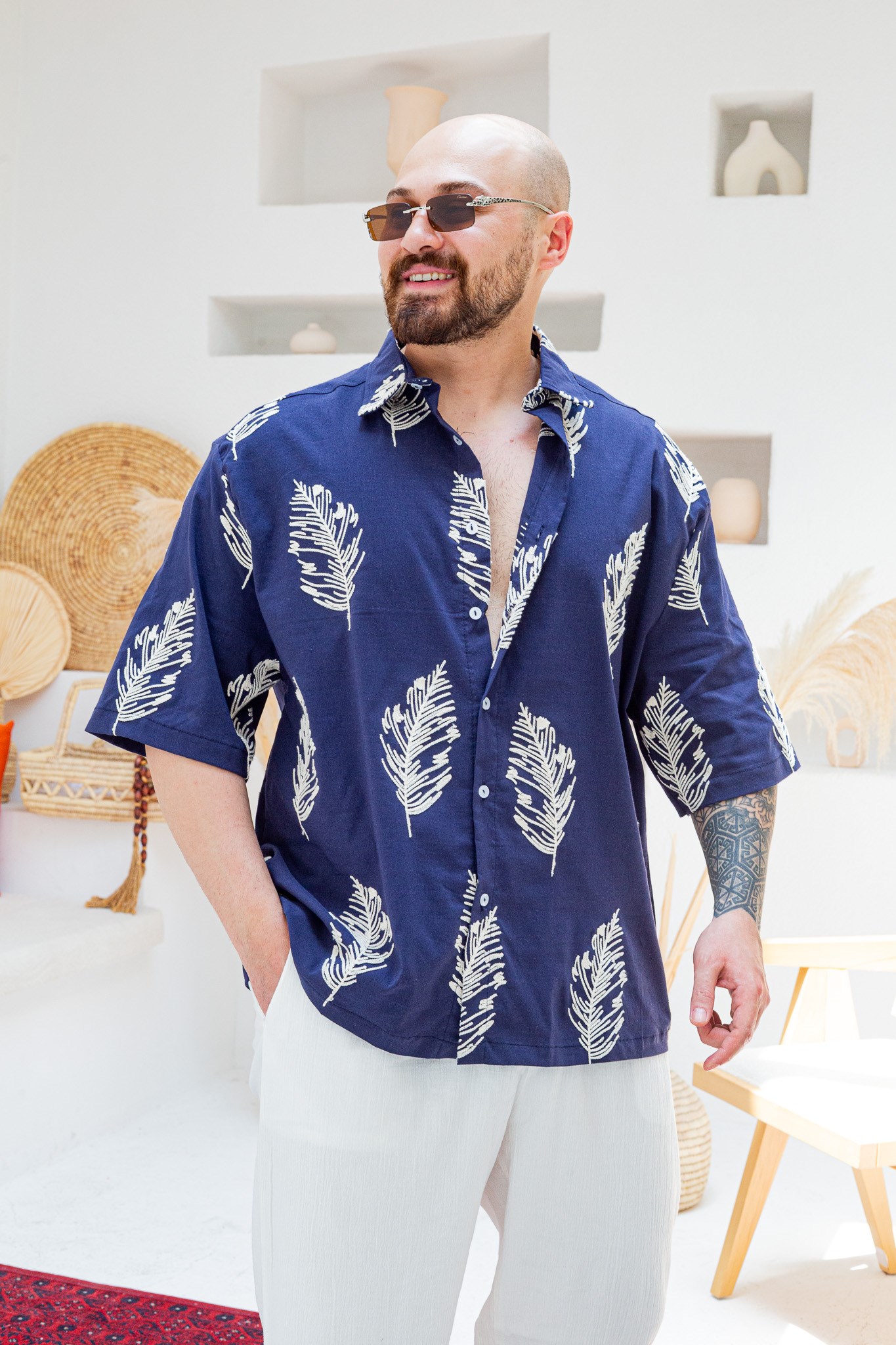 Yaprak Nakış Detaylı Keten Oversize Gömlek (GML130)