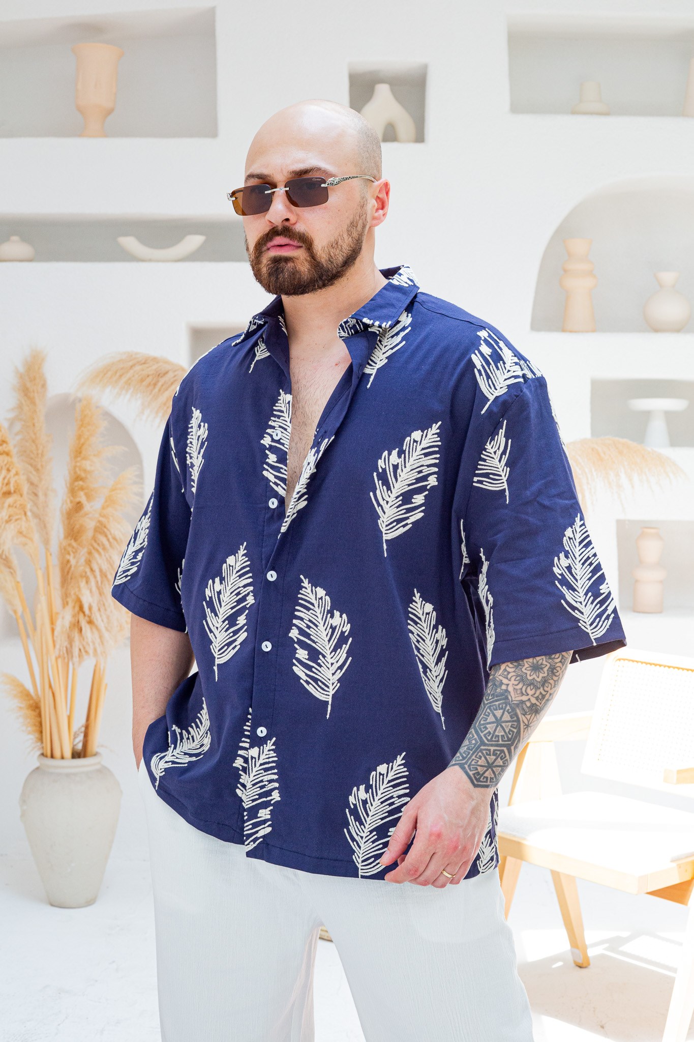 Yaprak Nakış Detaylı Keten Oversize Gömlek (GML130)