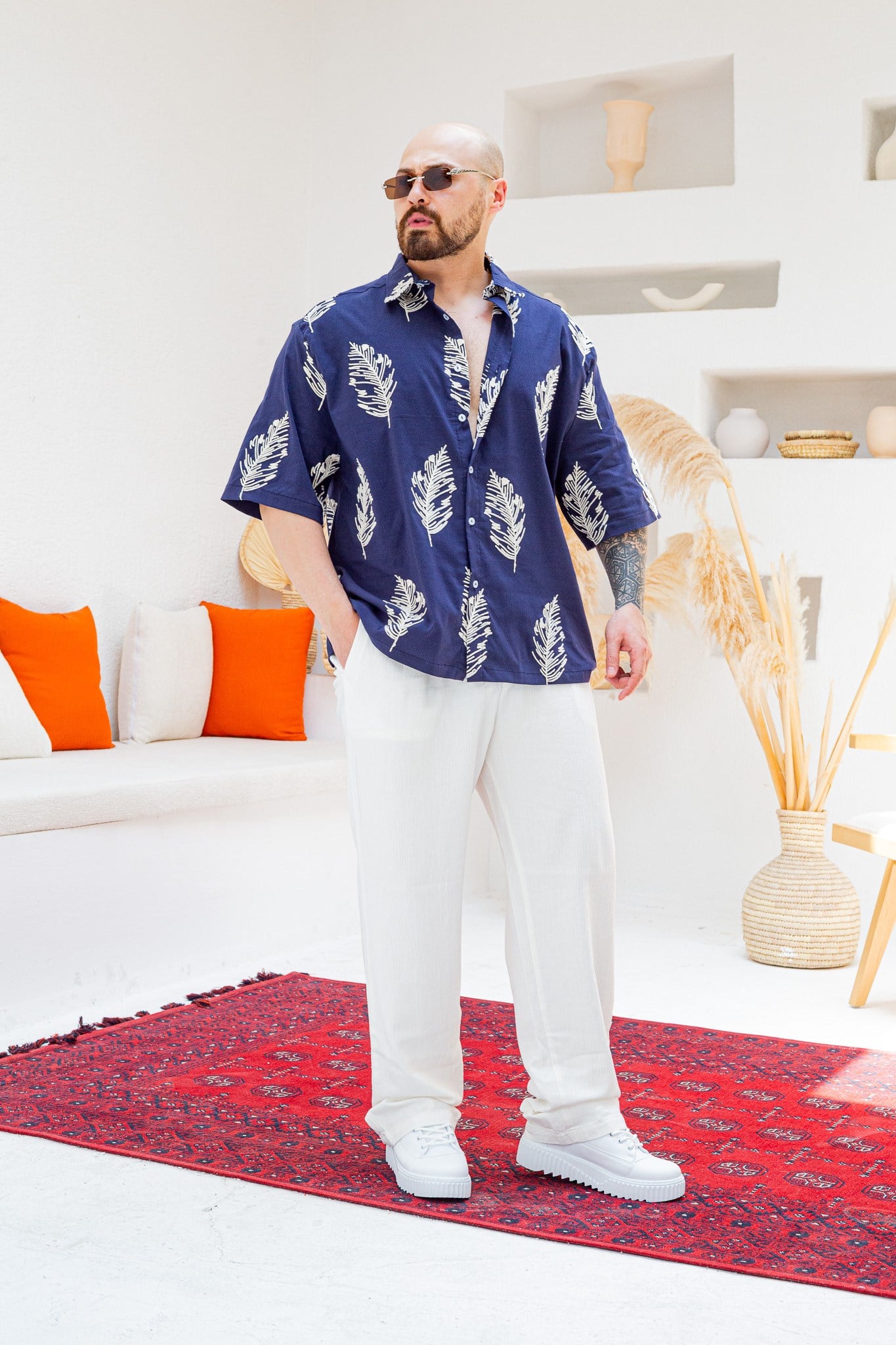 Yaprak Nakış Detaylı Keten Oversize Gömlek (GML130)