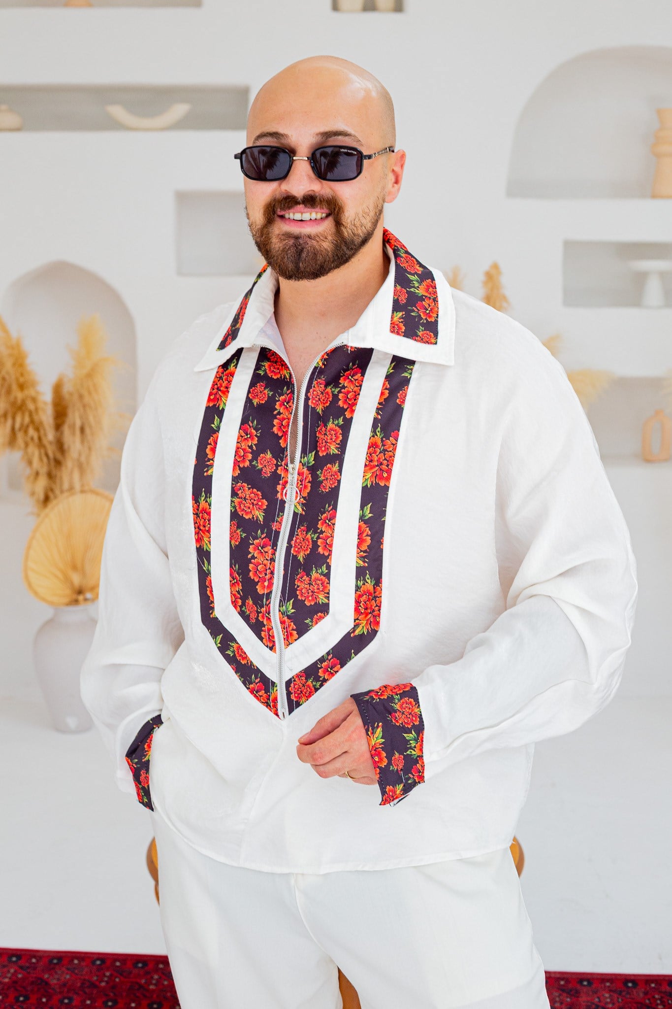Yarım Fermuarlı Çiçek Desen Garnili Oversize Gömlek (GMB141)