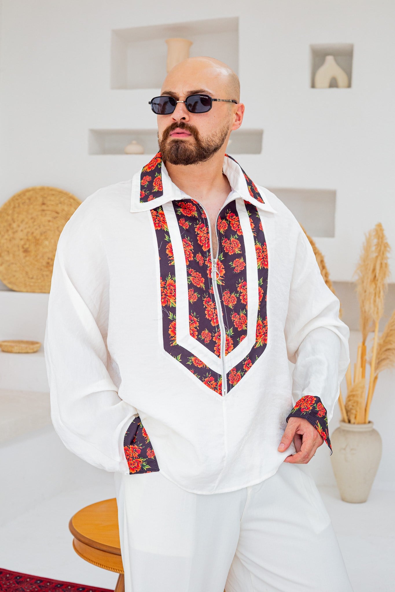Yarım Fermuarlı Çiçek Desen Garnili Oversize Gömlek (GMB141)