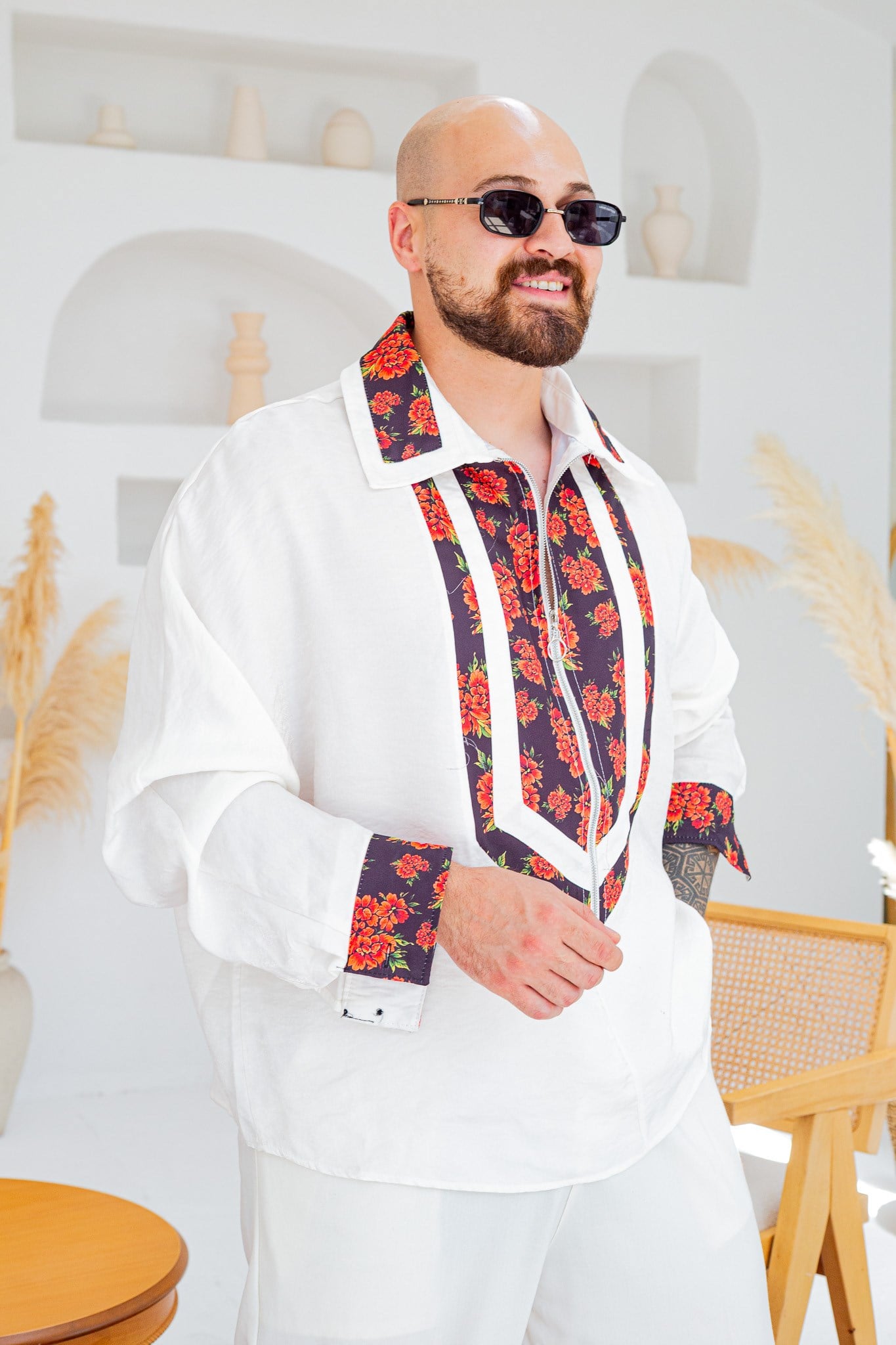 Yarım Fermuarlı Çiçek Desen Garnili Oversize Gömlek (GMB141)