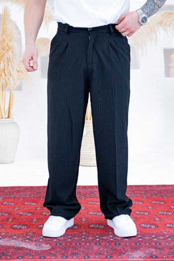 Baggy Kalıp Çizgili Pile Detaylı Kumaş Pantolon (JGS56)