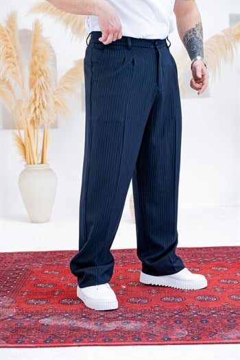 Baggy Kalıp Çizgili Pile Detaylı Kumaş Pantolon (JGL56)