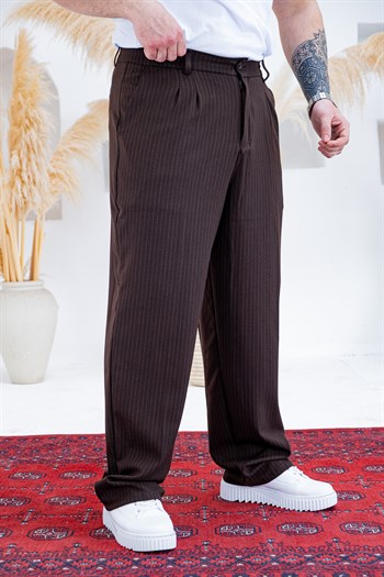 Baggy Kalıp Çizgili Pile Detaylı Kumaş Pantolon (JGKA56)
