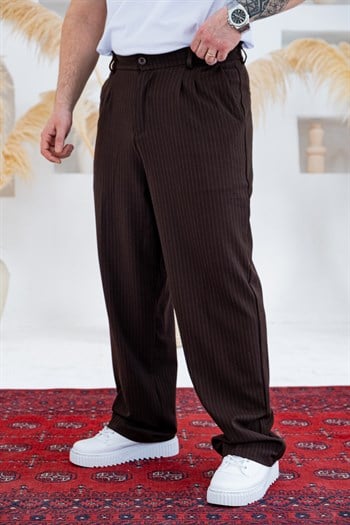 Baggy Kalıp Çizgili Pile Detaylı Kumaş Pantolon (JGKA56)
