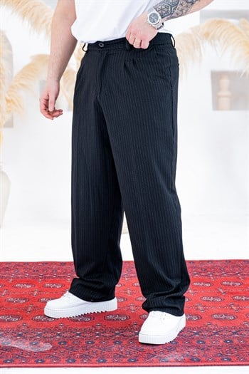 Baggy Kalıp Çizgili Pile Detaylı Kumaş Pantolon (JGS56)