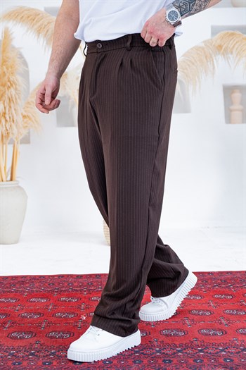 Baggy Kalıp Çizgili Pile Detaylı Kumaş Pantolon (JGKA56)