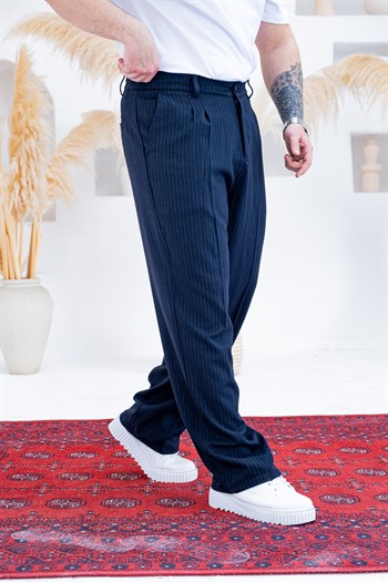 Baggy Kalıp Çizgili Pile Detaylı Kumaş Pantolon (JGL56)