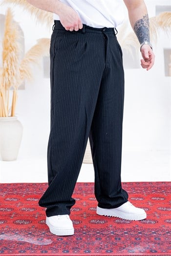 Baggy Kalıp Çizgili Pile Detaylı Kumaş Pantolon (JGS56)