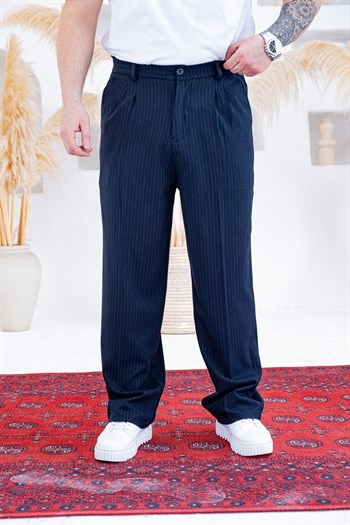 Baggy Kalıp Çizgili Pile Detaylı Kumaş Pantolon (JGL56)