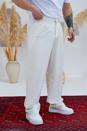 Baggy Kalıp Çizgili Pile Detaylı Kumaş Pantolon (JGB56)