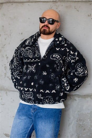 Bandana Desenli Dik Yaka Fermuarlı Pelüş Erkek Ceket (MEVS104)