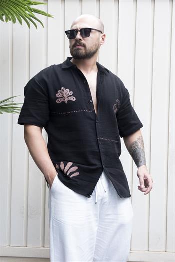 Baskılı Rahat Kalıp Keten Gömlek (GMS33)