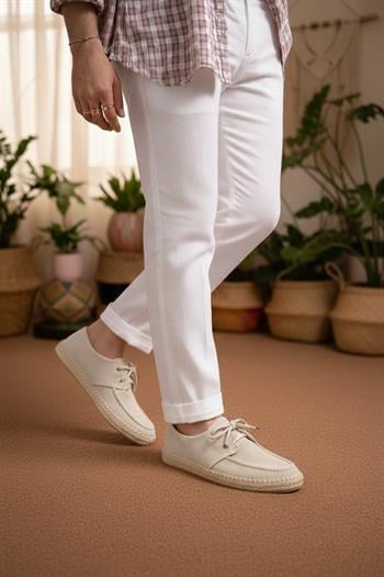 Bej Keten Espadril Taban Bağcıklı Erkek Ayakkabı (AYKK01)
