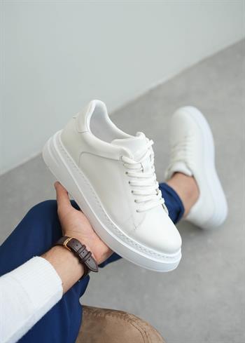 Beyaz Kalın Taban Deri Erkek Sneaker (AYKB05)