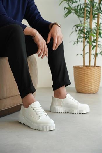 Beyaz Premium Deri Erkek Sneaker (AYKB04)