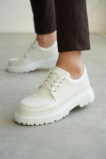 Beyaz Premium Deri Kalın Taban Erkek Sneaker (AYKB03)