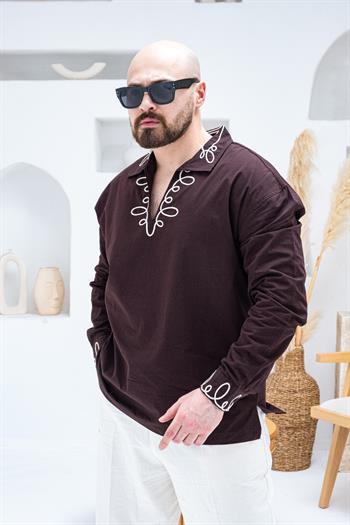 Bohem Nakış Detaylı Rahat Kalıp Erkek Gömlek(GMKA98)