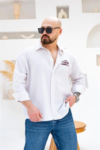 Bordo Renk Göğüs ve Sırt Baskılı Çizgili Oversize Erkek Gömlek (GMBO81)