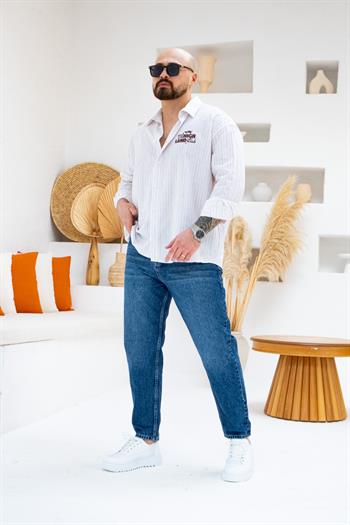 Bordo Renk Göğüs ve Sırt Baskılı Çizgili Oversize Erkek Gömlek (GMBO81)