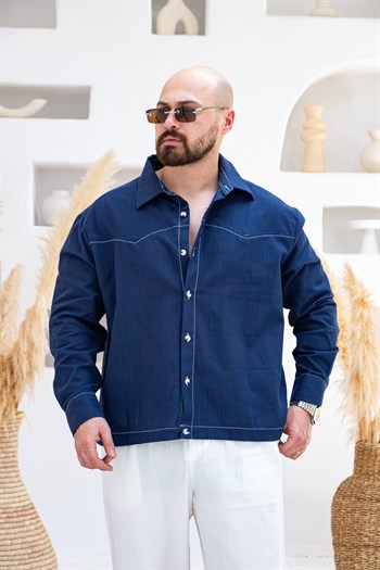 Box Fit Kontrast Nakışlı Keten Gömlek (GML119)