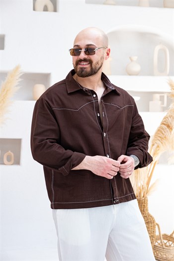 Box Fit Kontrast Nakışlı Keten Gömlek (GMKA119)