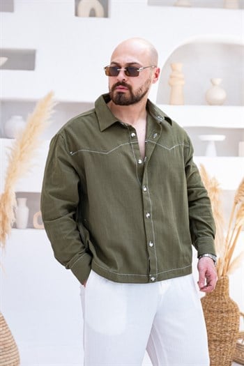 Box Fit Kontrast Nakışlı Keten Gömlek (GMY119)