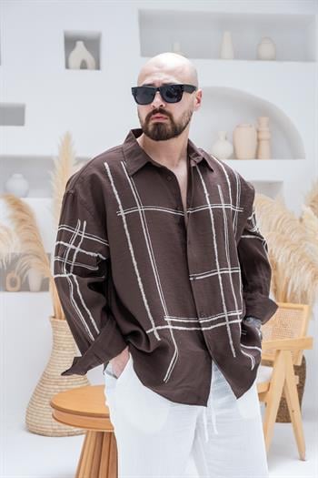Çizgili Tensel Kumaş Süet Baskılı Oversize Gömlek (GMKA89)