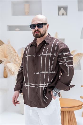 Çizgili Tensel Kumaş Süet Baskılı Oversize Gömlek (GMKA89)