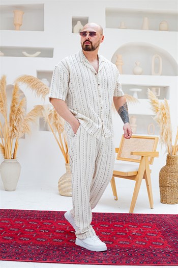Dikey Çizgili İnce Örme Küba Yaka Gömlek ve Pantolon Alt Üst Takım (TKK51)