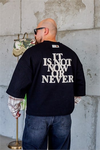Ekose Kol Detaylı Sloganlı Rahat Kesim Sweatshirt (SVTS111)