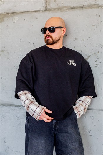 Ekose Kol Detaylı Sloganlı Rahat Kesim Sweatshirt (SVTS111)