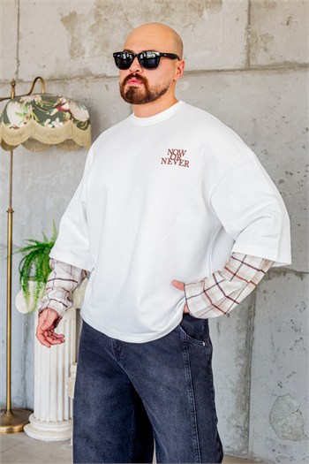Ekose Kol Detaylı Sloganlı Rahat Kesim Sweatshirt (SVTB111)