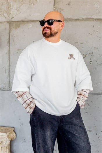 Ekose Kol Detaylı Sloganlı Rahat Kesim Sweatshirt (SVTB111)