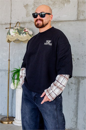 Ekose Kol Detaylı Sloganlı Rahat Kesim Sweatshirt (SVTS111)