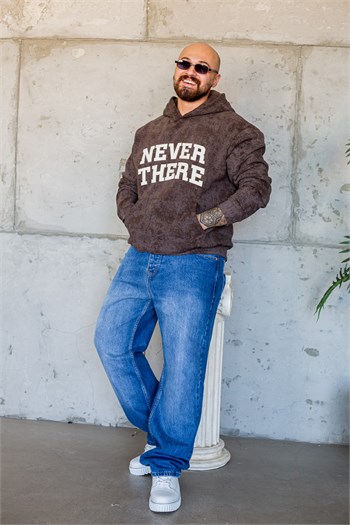 Erkek Asit Yıkama Nakış Detaylı Kapüşonlu Kanguru Cepli Sweatshirt (SVTKA103)