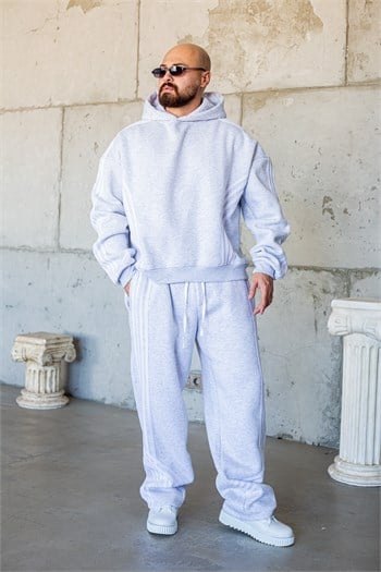 Erkek Şerit Detaylı Oversize Kapüşonlu Alt Üst Eşofman Takımı (TKMG64)