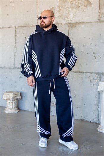 Erkek Şerit Detaylı Oversize Kapüşonlu Alt Üst Eşofman Takımı (TKML64)
