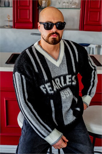Fearless Yazılı Oversize Çizgili Triko (SVTS116)