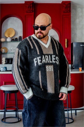 Fearless Yazılı Oversize Çizgili Triko (SVTK116)