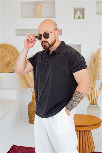 Fırçalı Tensel Kumaş Polo Yaka Oversize T-Shirt (TSS94)