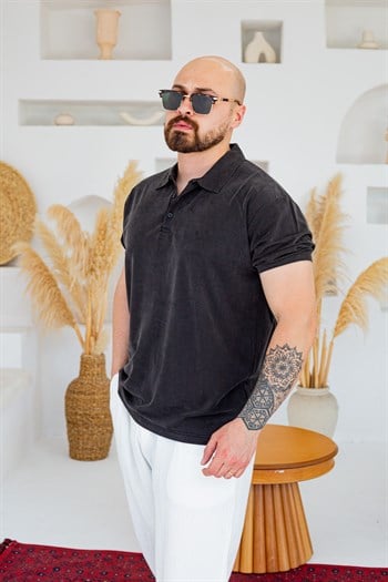 Fırçalı Tensel Kumaş Polo Yaka Oversize T-Shirt (TSS94)