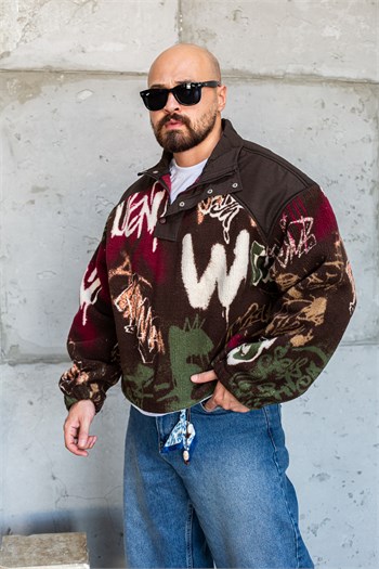 Grafiti Desenli Yarım Fermuarlı Erkek Peluş Sweatshirt (SVTKA99)
