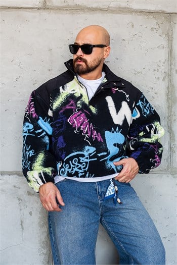 Grafiti Desenli Yarım Fermuarlı Erkek Peluş Sweatshirt (SVTS99)