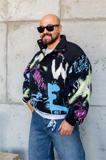 Grafiti Desenli Yarım Fermuarlı Erkek Peluş Sweatshirt (SVTS99)