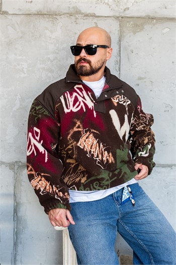 Grafiti Desenli Yarım Fermuarlı Erkek Peluş Sweatshirt (SVTKA99)