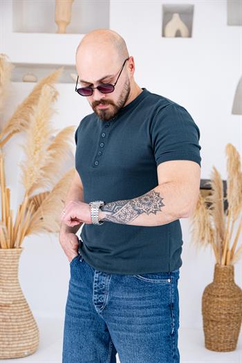 Henley Yaka İnce Örme Tasarım Triko T-shirt (TSY74)