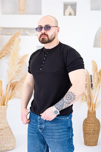 Henley Yaka İnce Örme Tasarım Triko T-shirt (TSS74)